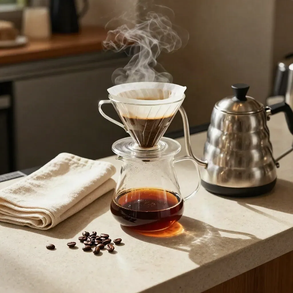 Set pour-over kopi dengan V60, server kaca dan cerek leher angsa di atas batu pucat.