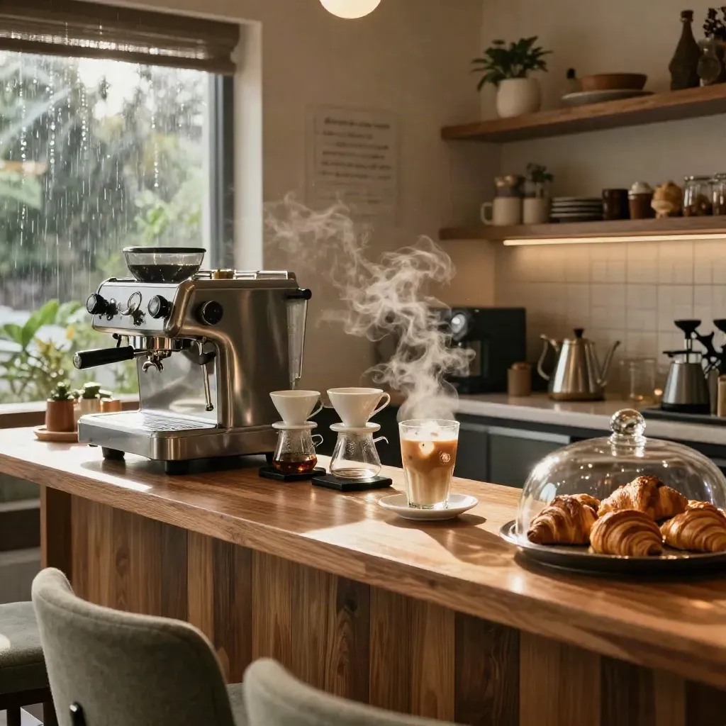 Interior Coffee Lounge yang dramatik dengan mesin espresso, bar pour-over dan cahaya pagi selepas hujan.